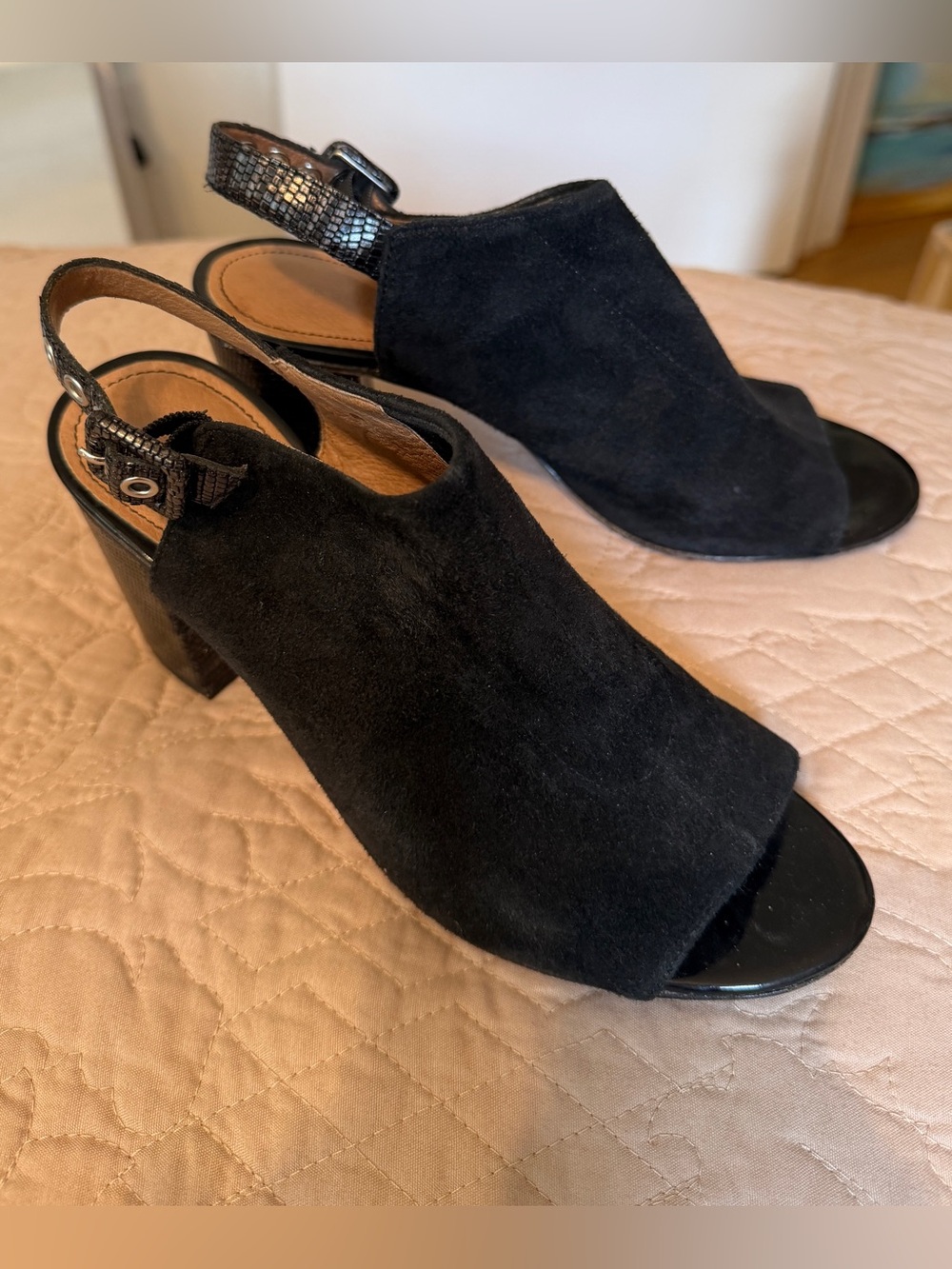 Donald J. Pliner Black Suede Open-Toe Slingback Block Heels